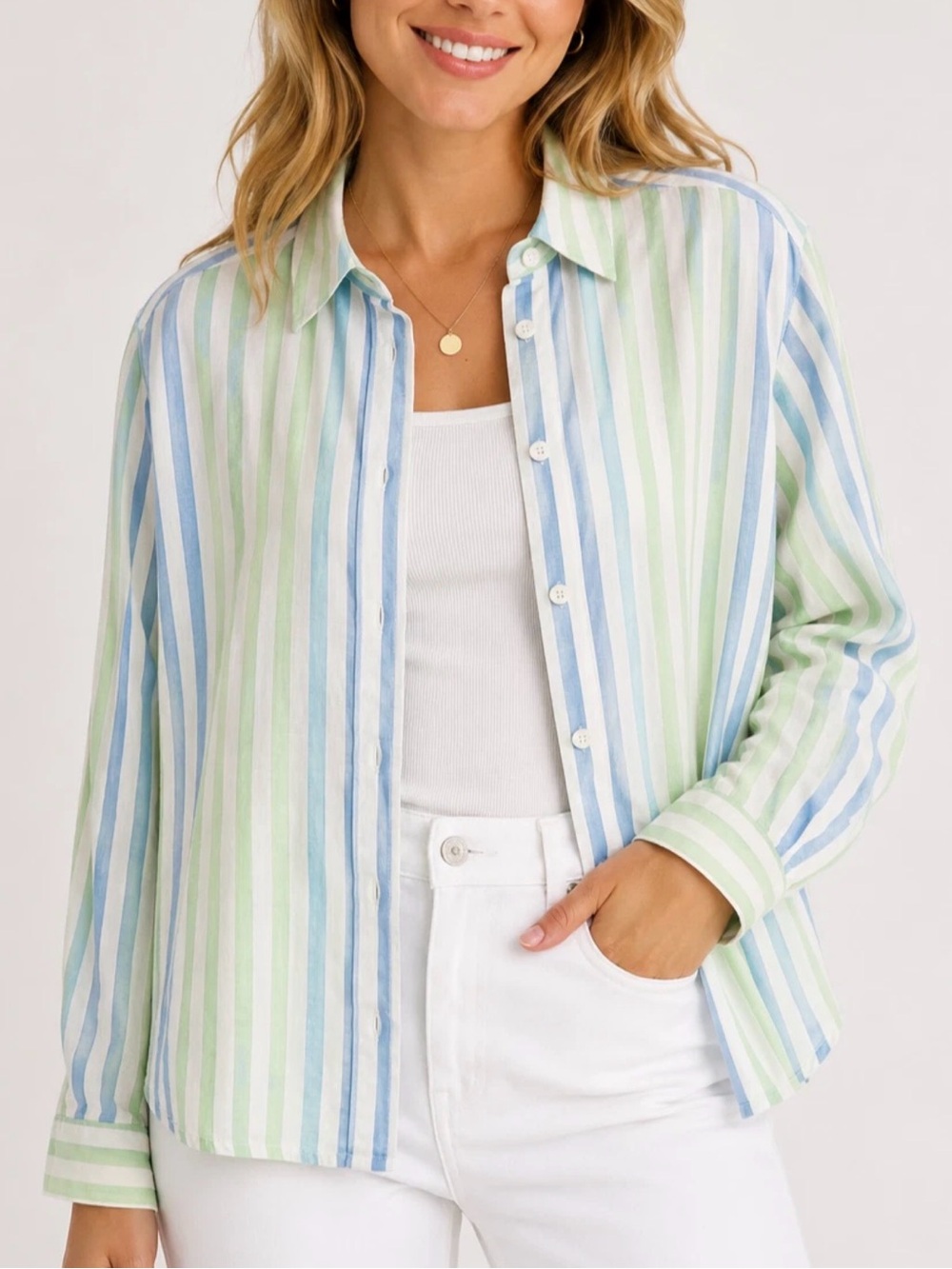 Talbots 100% Linen Striped Button Down Shirt Pastel Blue Green White | Size XL